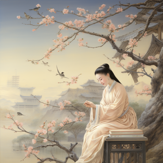 mujer sentada con un paisaje de fondo